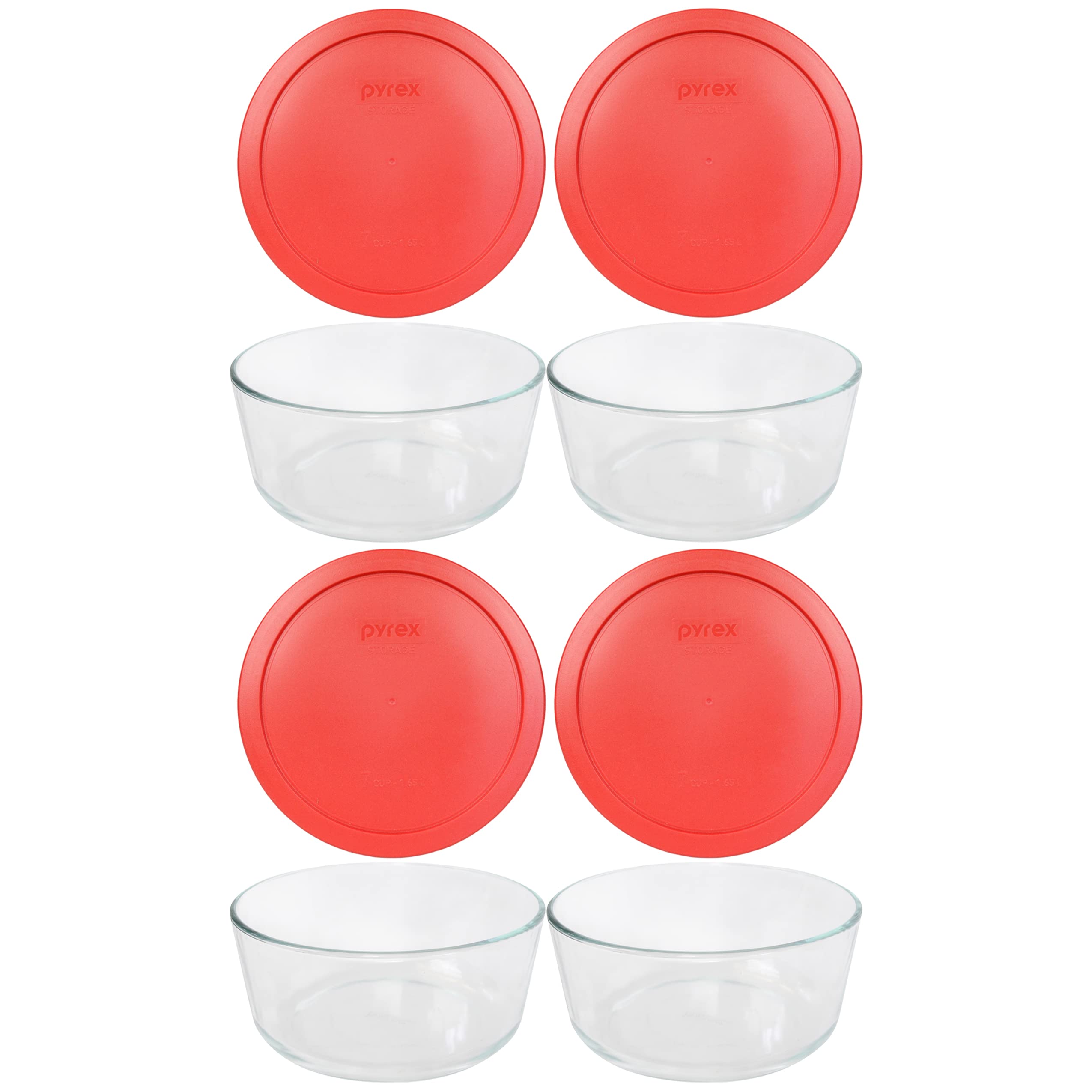 Pyrex 7203 emballage avant montrant quatre bols et couvercles rouges pour rangement