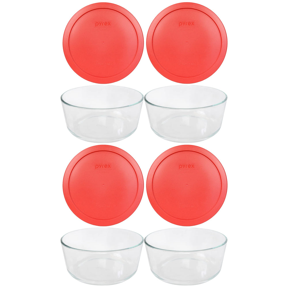 Pyrex 7203 emballage avant montrant quatre bols et couvercles rouges pour rangement