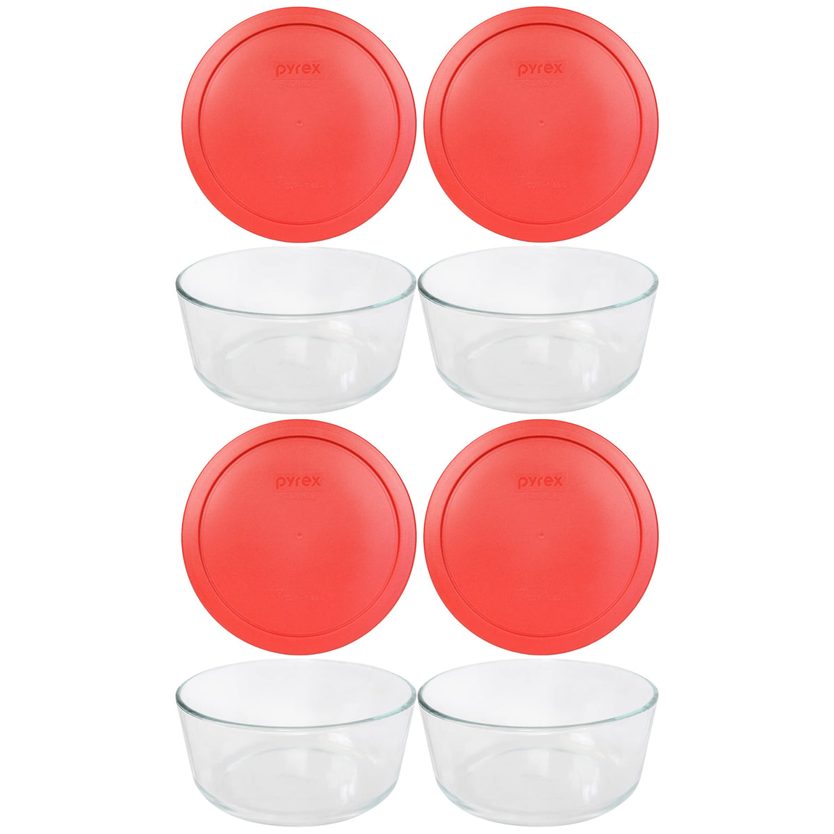 Pyrex 7203 emballage avant montrant quatre bols et couvercles rouges pour rangement