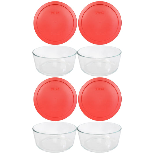 Pyrex 7203 emballage avant montrant quatre bols et couvercles rouges pour rangement