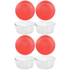 Pyrex 7203 emballage avant montrant quatre bols et couvercles rouges pour rangement