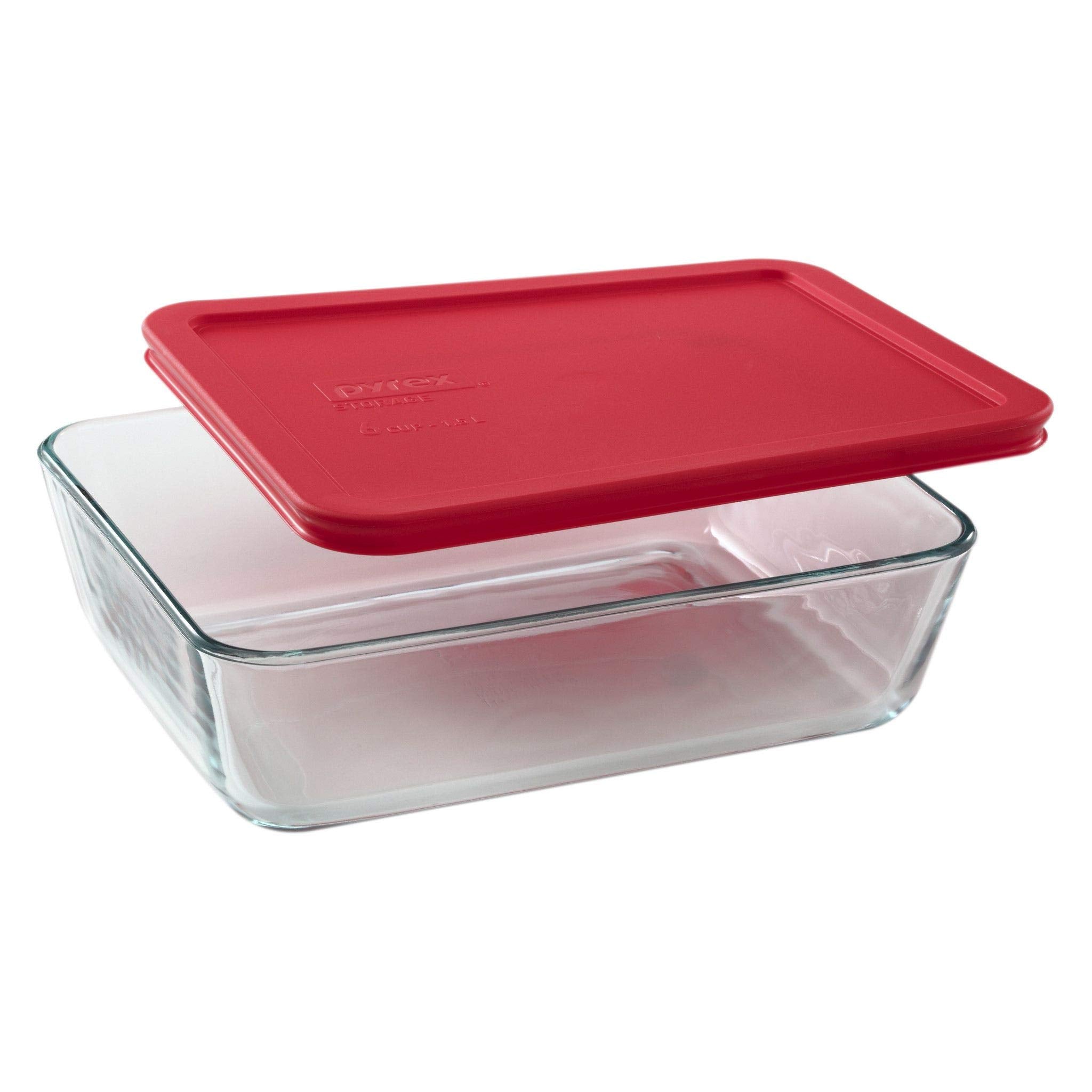 World Kitchen Pyrex plat 7211 avant avec couvercle rouge montrant rangement et étanchéité