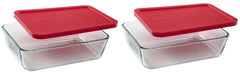 Pyrex plat 7211 face avant avec couvercle rouge montrant rangement sûr et réchauffage pratique