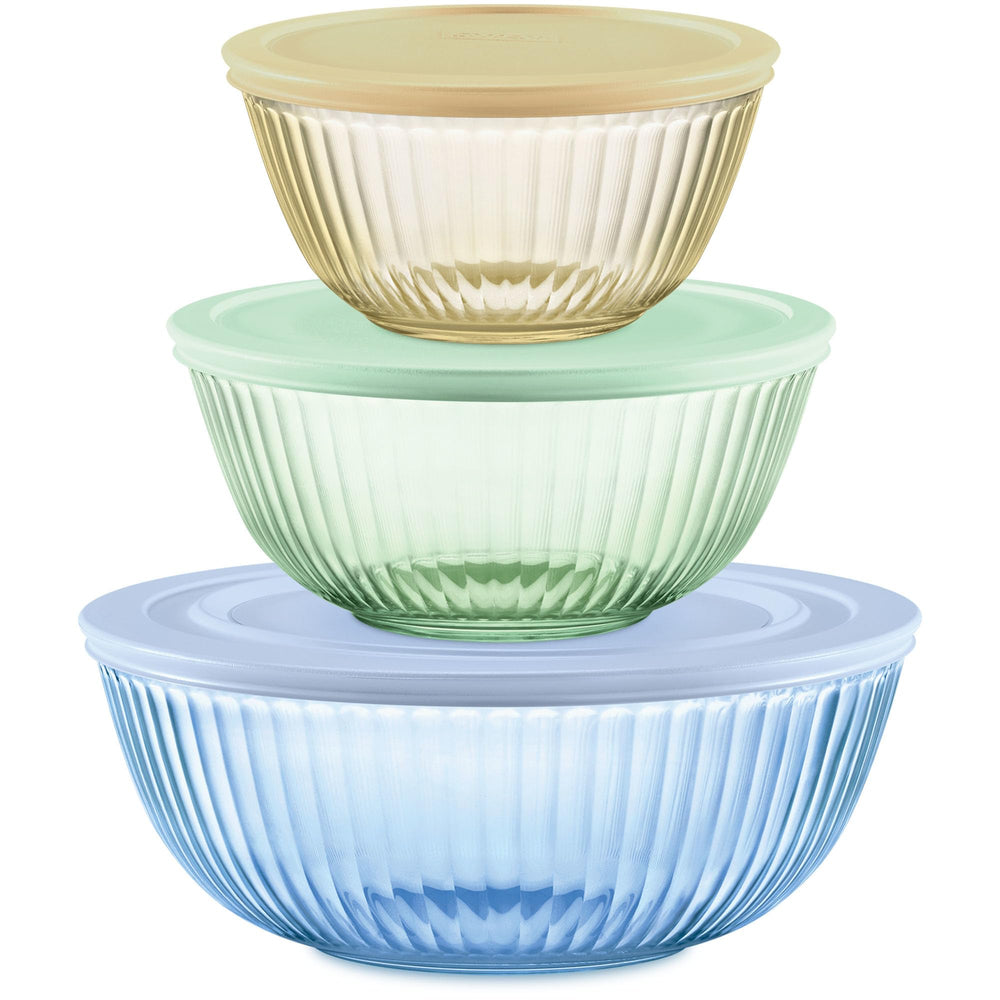 Pyrex bols avant ensemble colorés montrant design sculpté et fonctionnalité