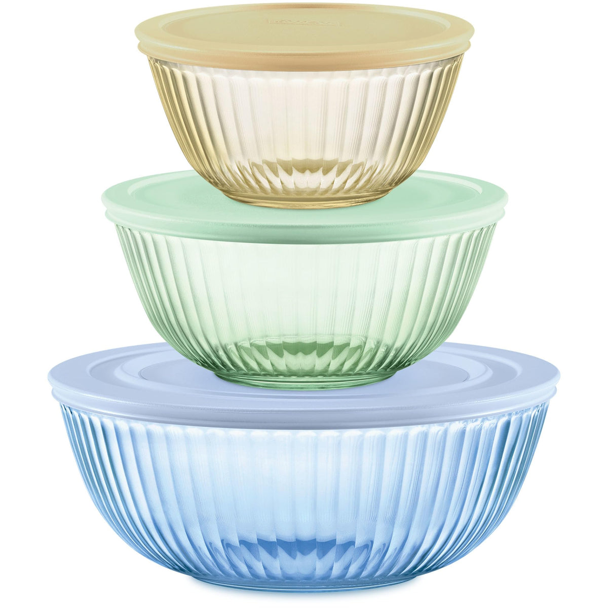 Pyrex bols avant ensemble colorés montrant design sculpté et fonctionnalité