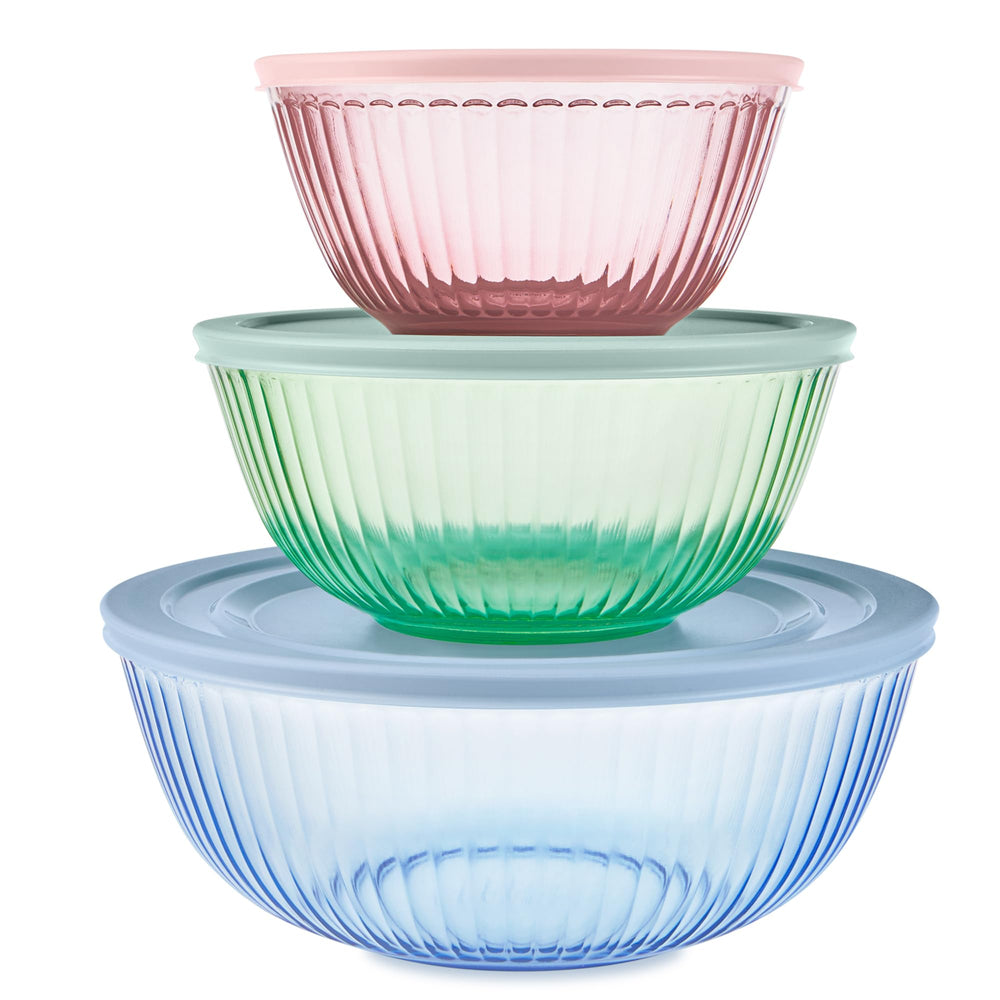 Pyrex vue avant de l’ensemble avec boîtes et couvercles, praticité instantanée