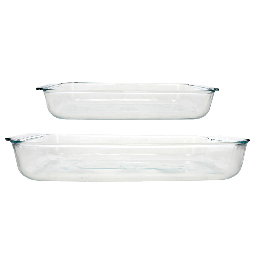 Pyrex comparaison taille sur table illustrant capacité 3Qt et 2Qt