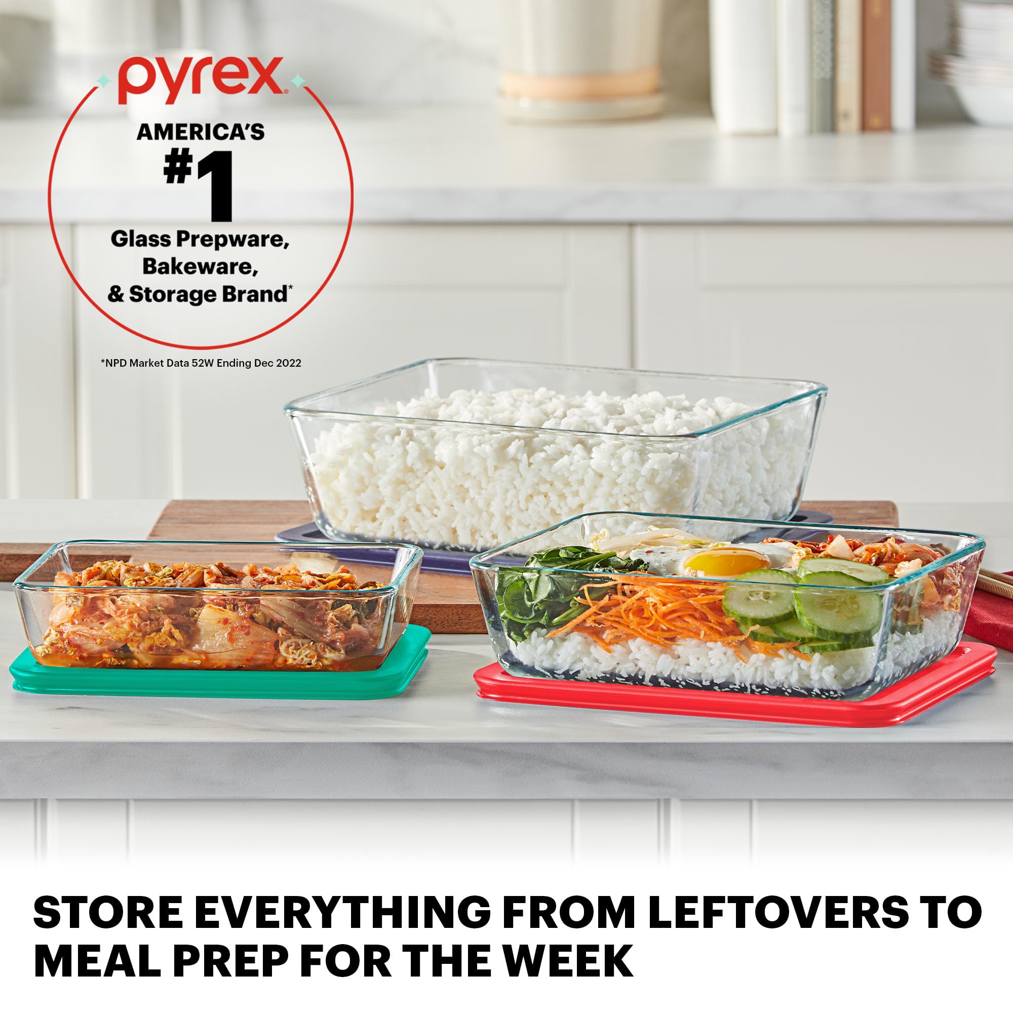 Pyrex contenants ouverts avec couvercles, organisation pratique pour repas préparés