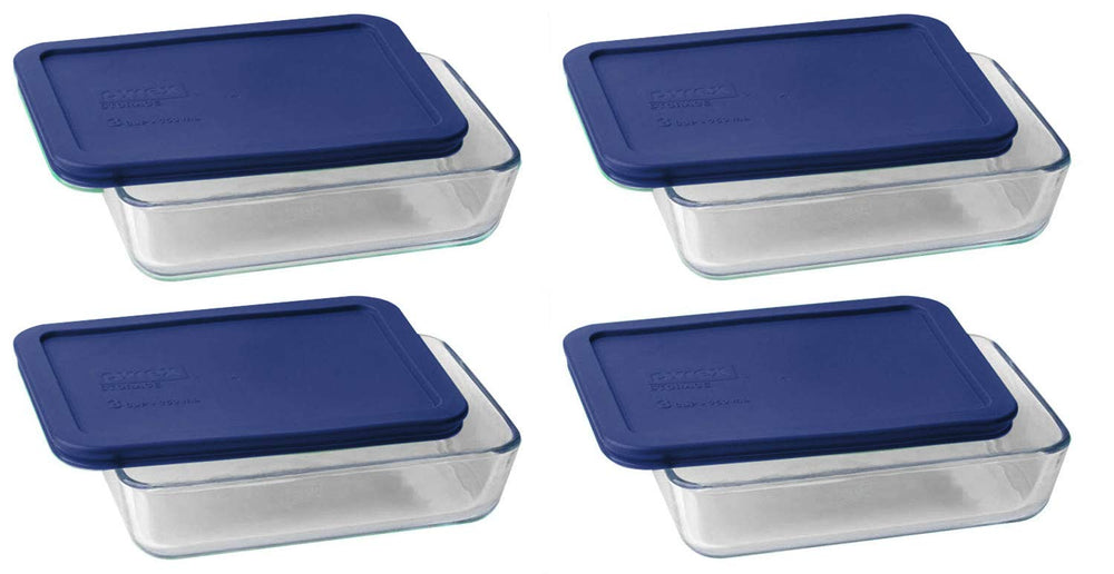 Pyrex plat 3 tasses avec couvercle bleu foncé montrant rangement compact et protection alimentaire