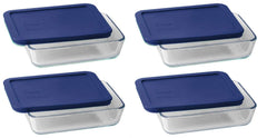 Pyrex plat 3 tasses avec couvercle bleu foncé montrant rangement compact et protection alimentaire