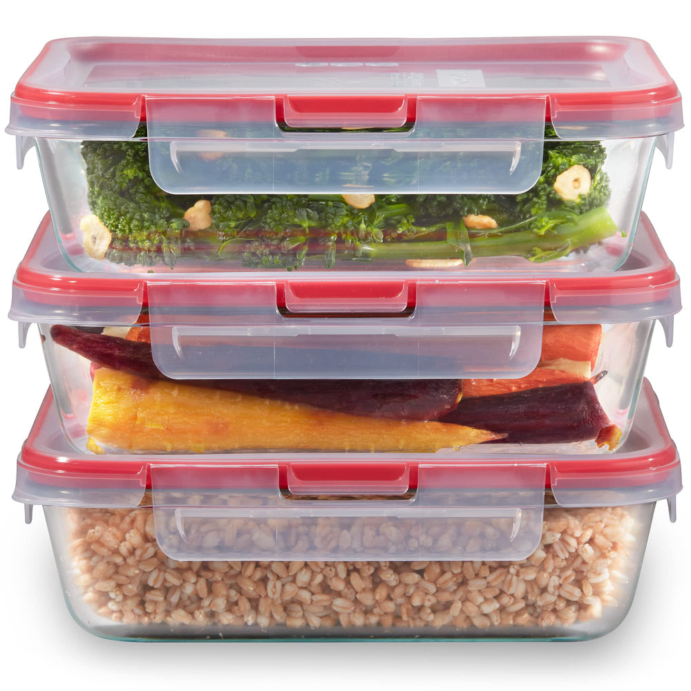 Pyrex Freshlock face avant boîtes empilées montrant organisation pratique
