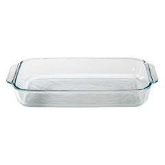 Pyrex plat oblong face avant verre transparent montrant format 9x13 et polyvalence