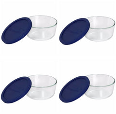 Pyrex plat rond devant montrant couvercle bleu foncé et facilité de stockage