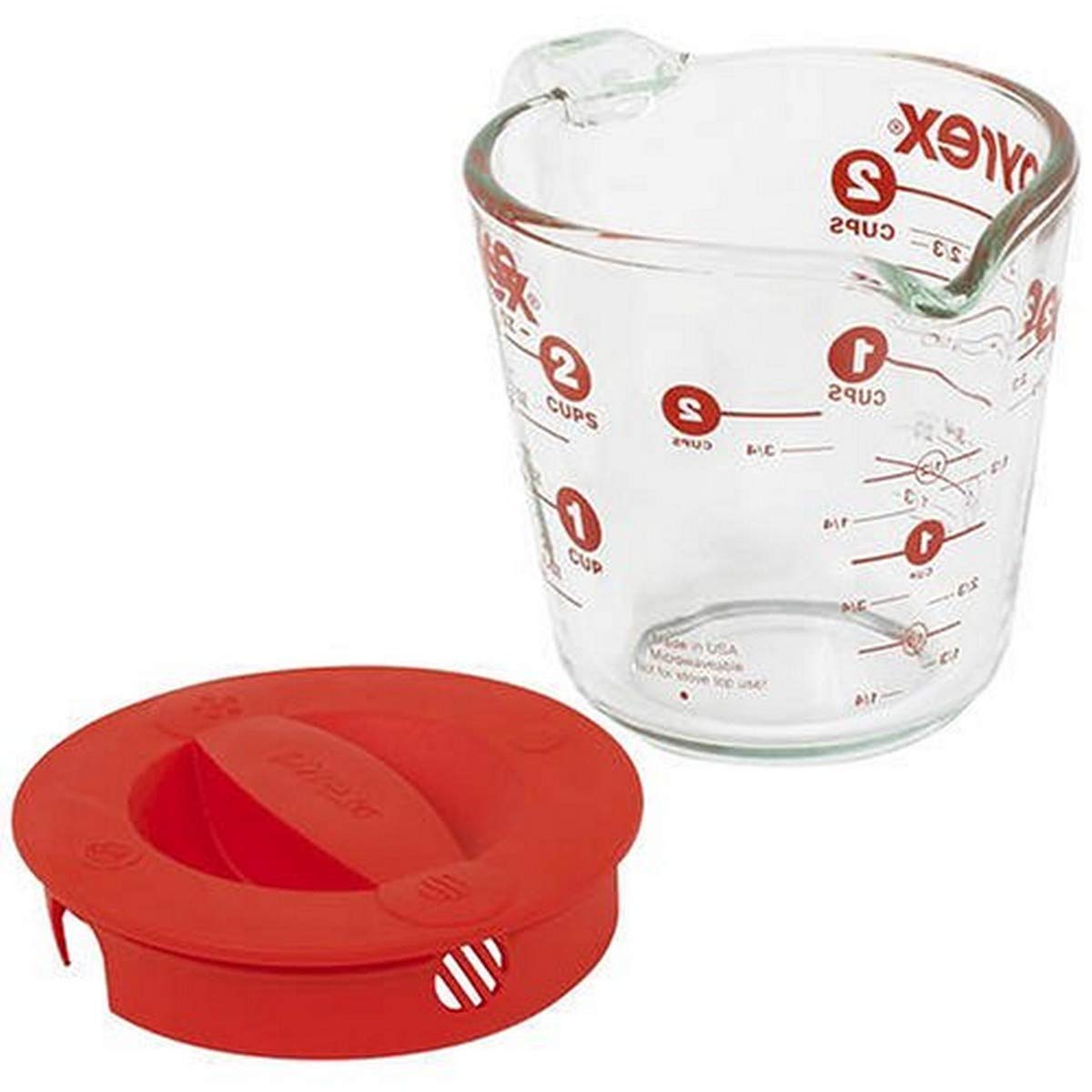 Pyrex tasse 2 tasses face avec couvercle montrant graduations et prise sûre