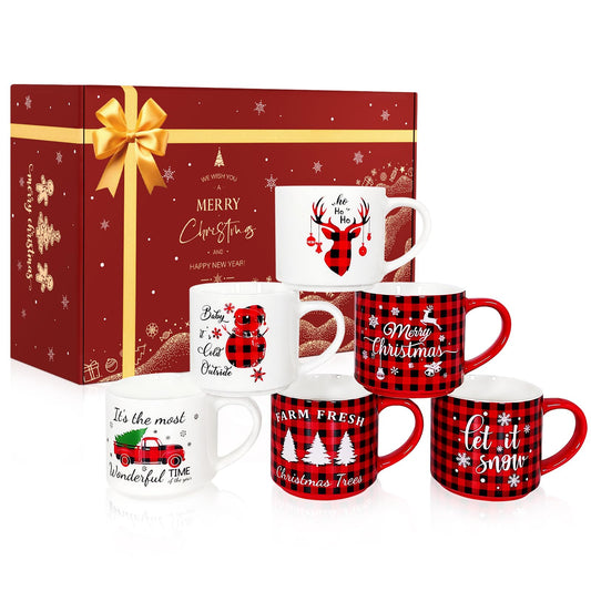 QIKSION ensemble de six mugs de Noël vus de face, belle présentation prête à offrir