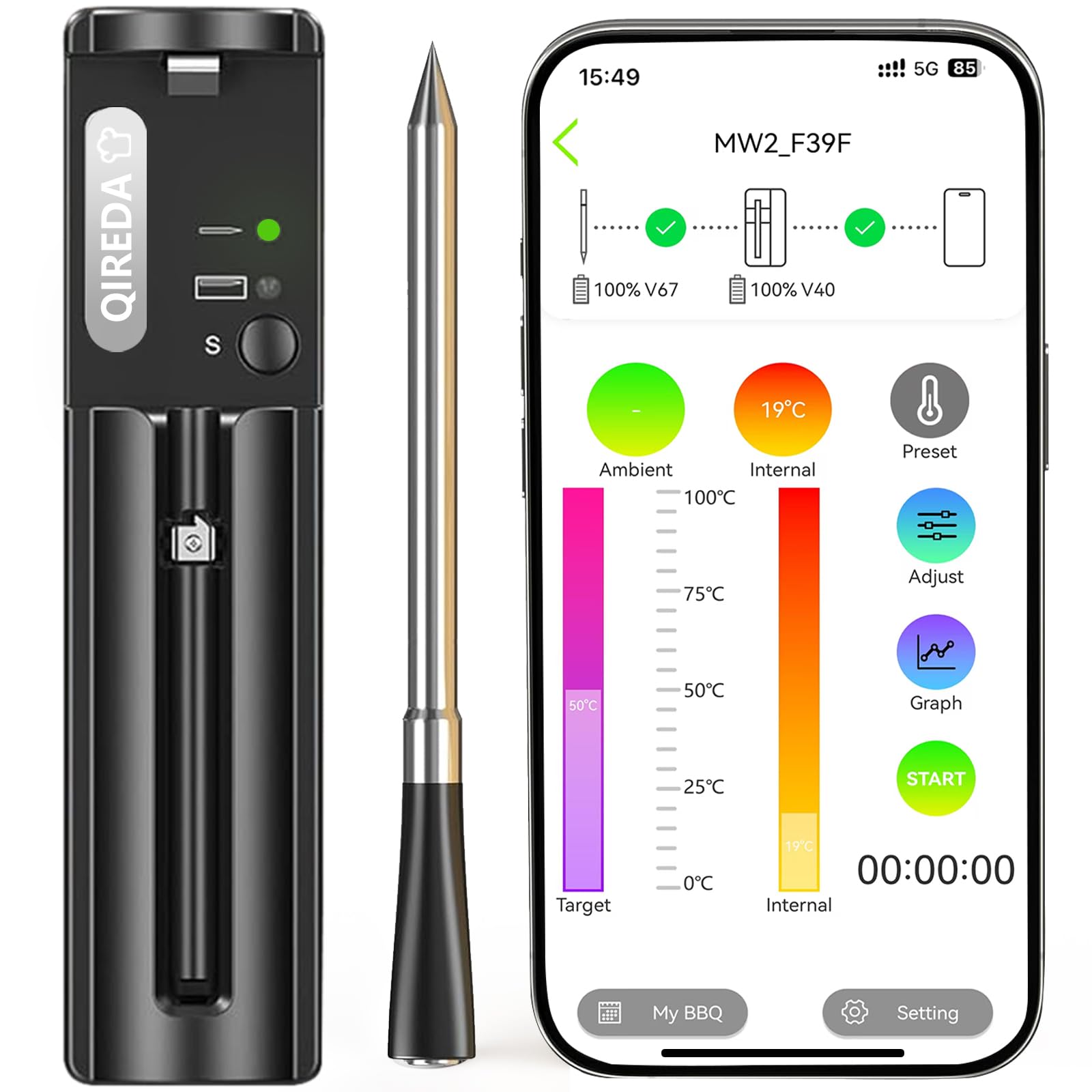 QIREDA thermomètre vue avant du packaging montrant la sonde et la base pour démarrage rapide
