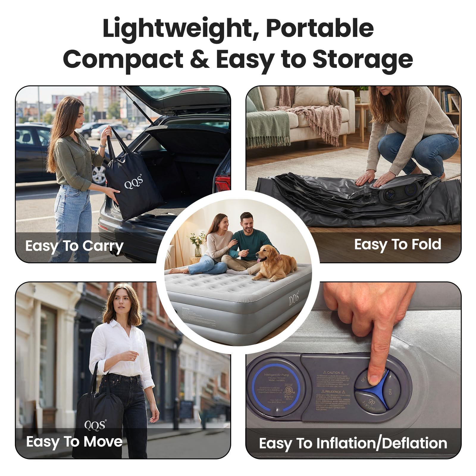QQS sac de transport avec matelas plié, praticité pour rangement et voyage