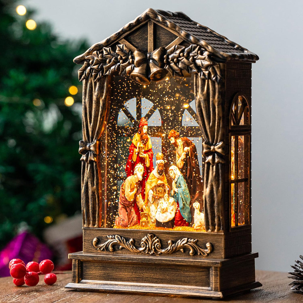 Qualdout vue de face du globe avec crèche illuminée pour décoration chaleureuse