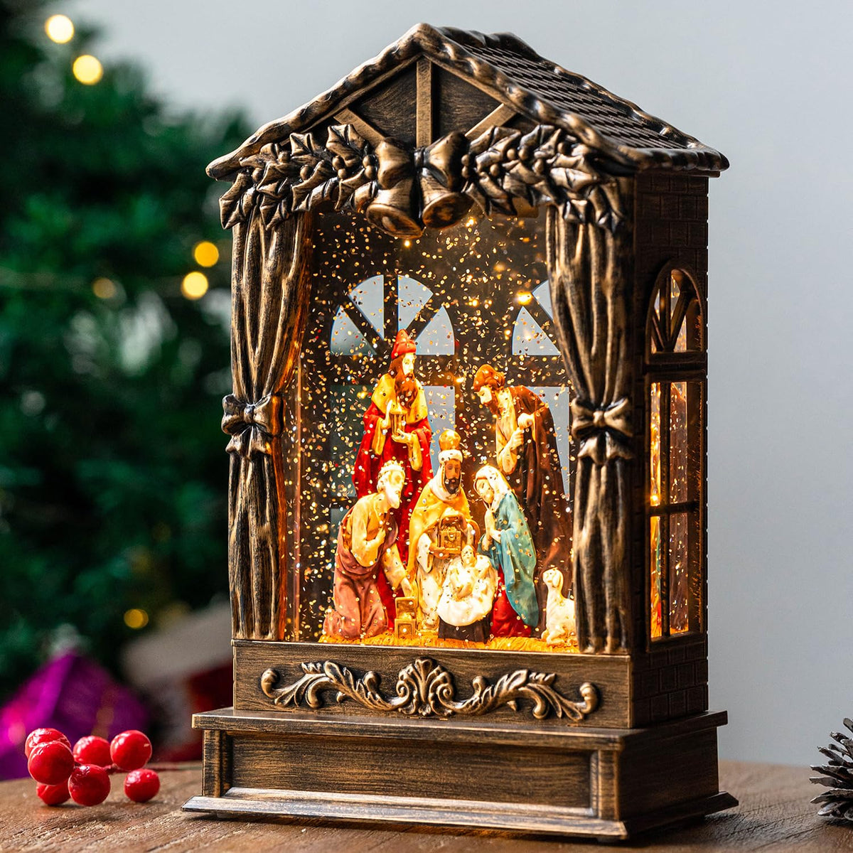 Qualdout vue de face du globe avec crèche illuminée pour décoration chaleureuse