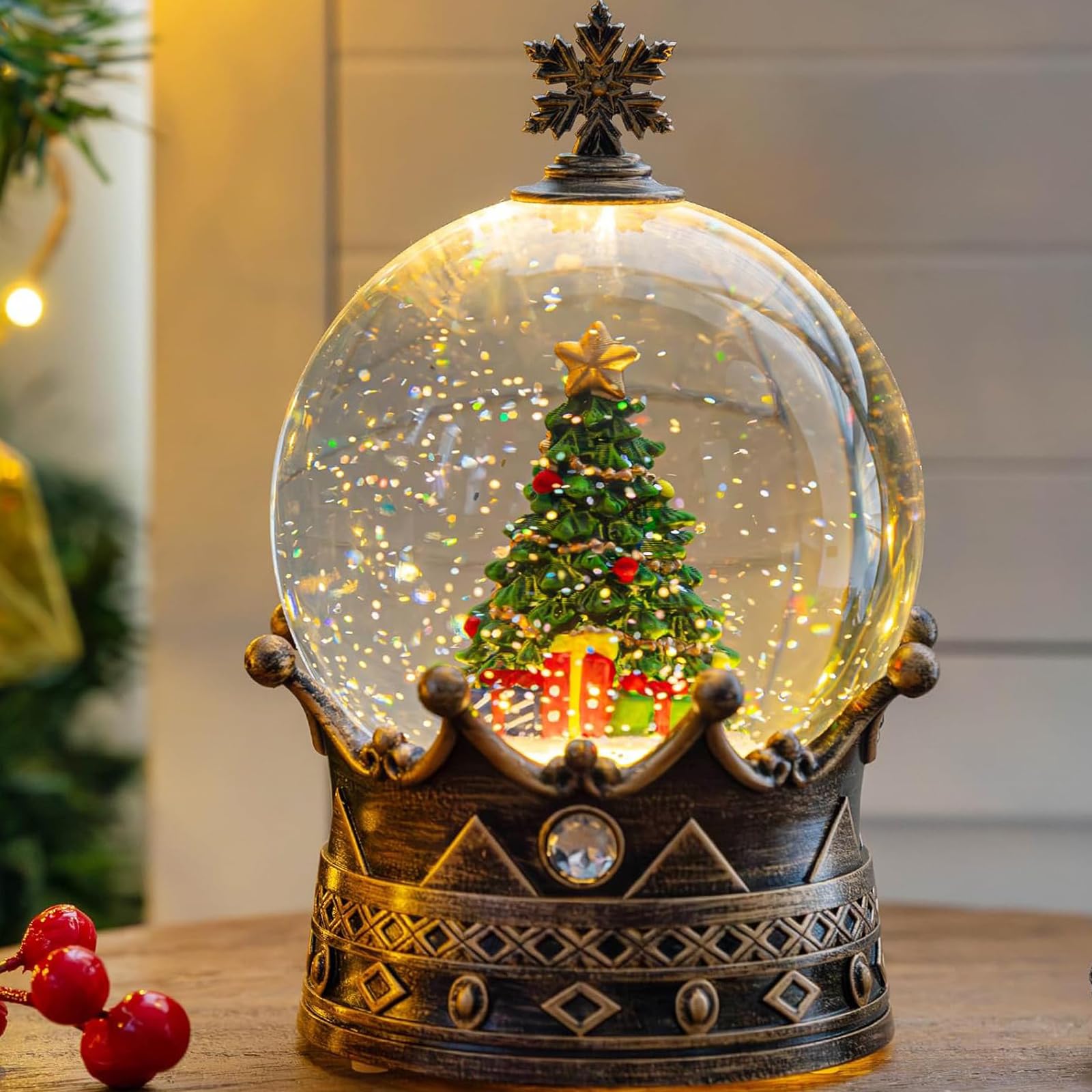 Qualdout vue frontale du globe lanterne avec sapin, apporte ambiance festive