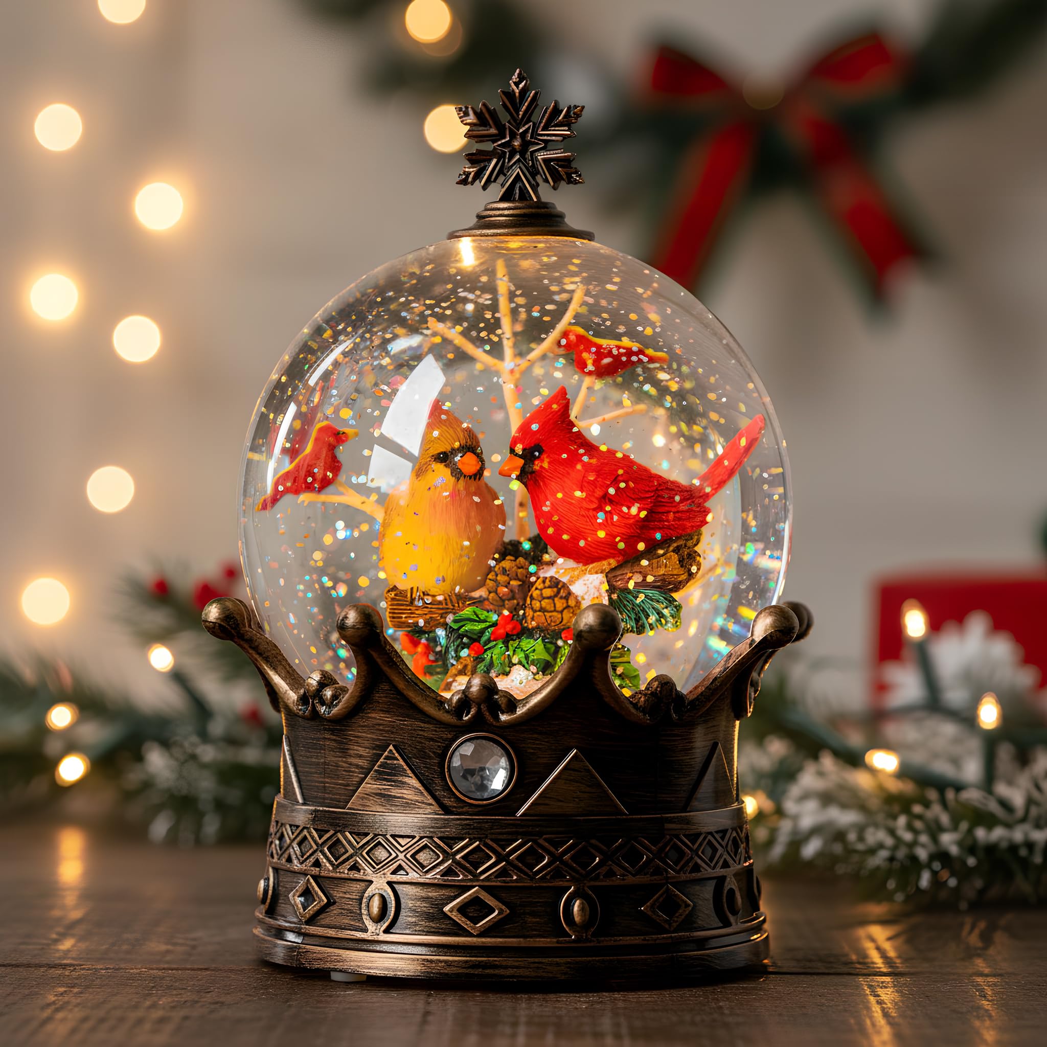 Qualdout lanterne boule de neige face montrant la couronne cardinal et ambiance festive