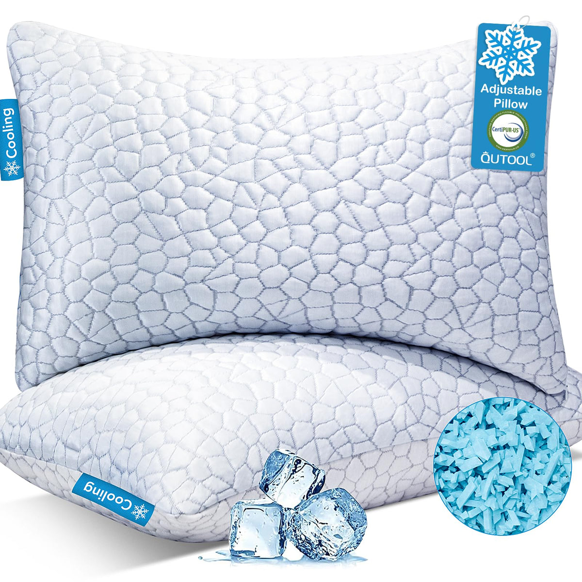QUTOOL emballage frontal montrant lot de deux oreillers et bénéfice rafraîchissant