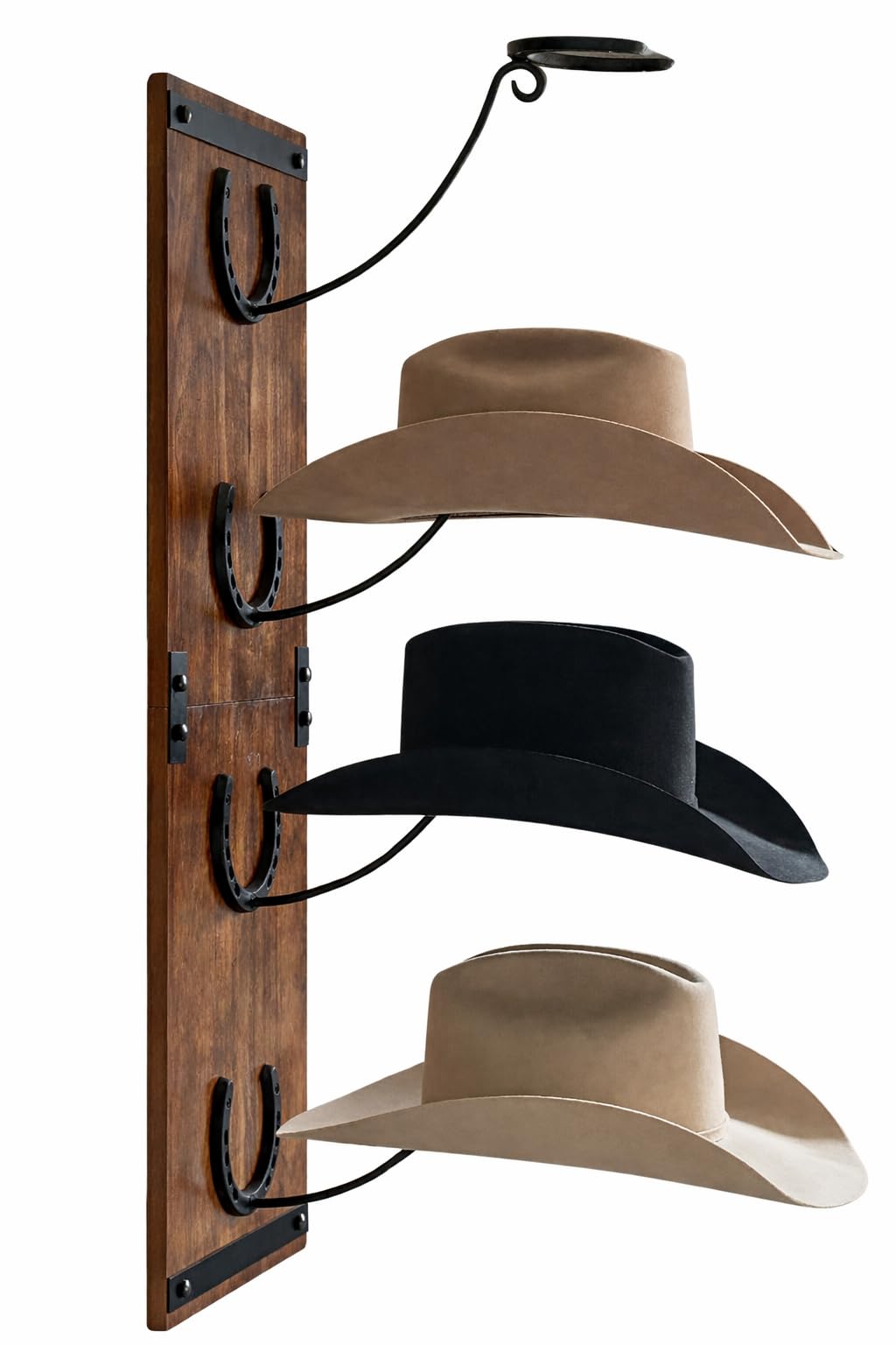 R828 Ranch vue de face du support mural montrant plusieurs chapeaux exposés et gain de place