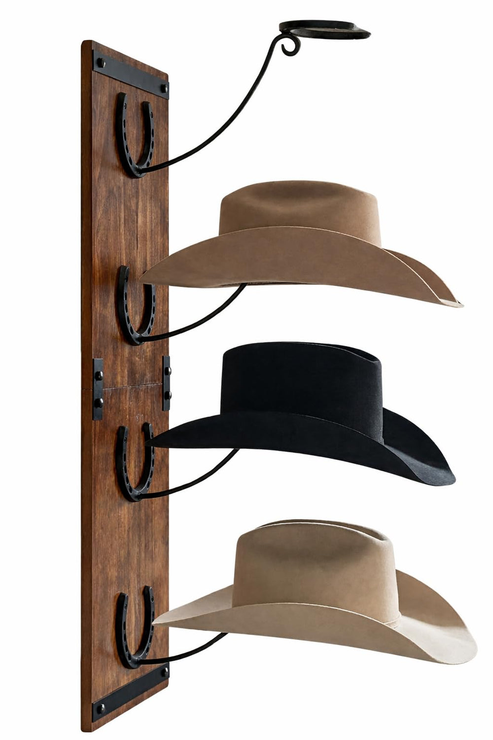 R828 Ranch vue de face du support mural montrant plusieurs chapeaux exposés et gain de place