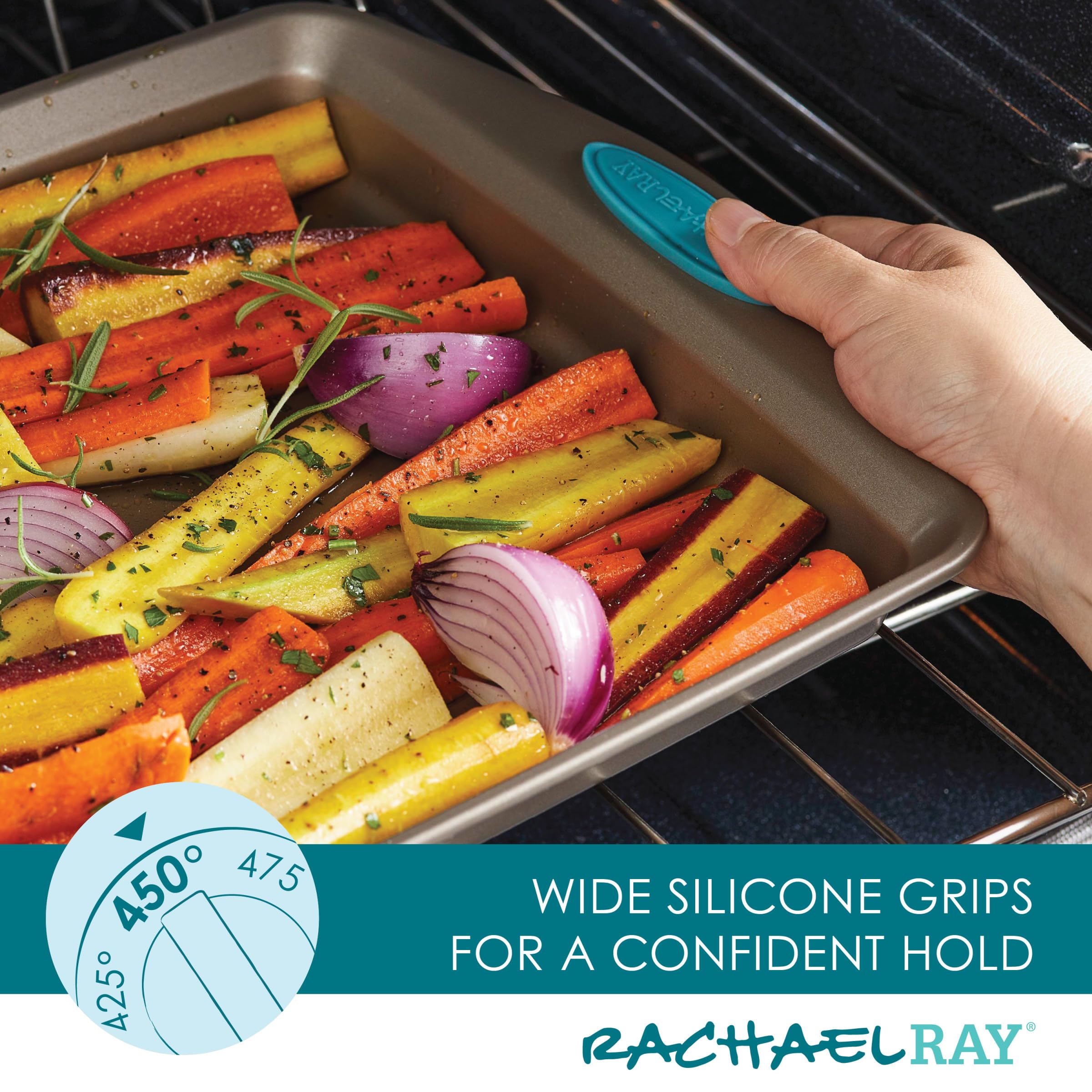 Rachael Ray moules empilés illustrant rangement compact et protection des surfaces antiadhésives
