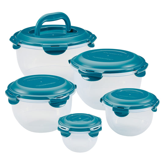 Rachael Ray face du set transparent et couvercles teal montrant présentation pratique