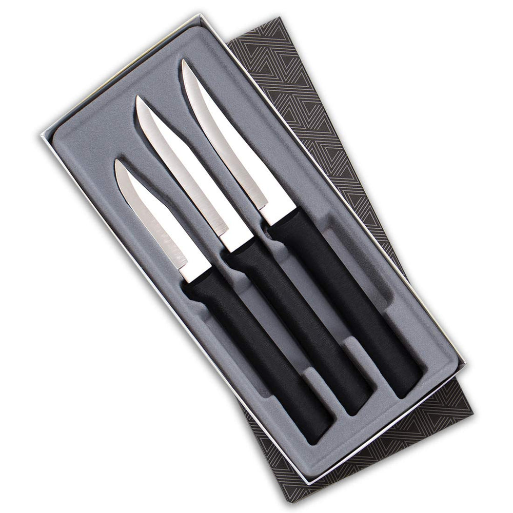 RADA Galore coffret face avant montrant les trois couteaux et la finition noire pratique