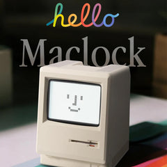 RayCue Maclock gros plan écran pixel montrant heure, date, température
