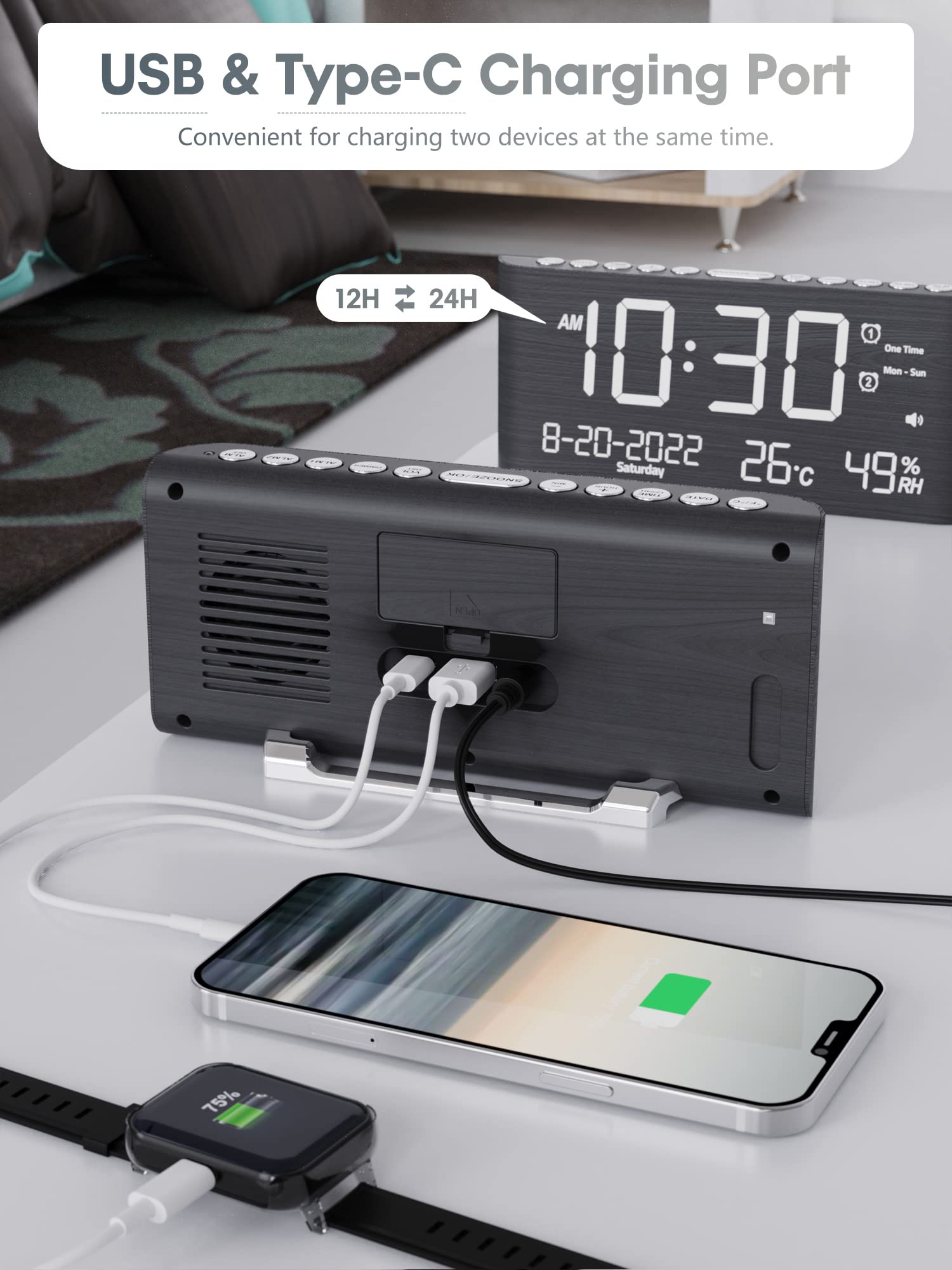 Raynic ports Type‑C et USB visibles pour recharger appareils au chevet