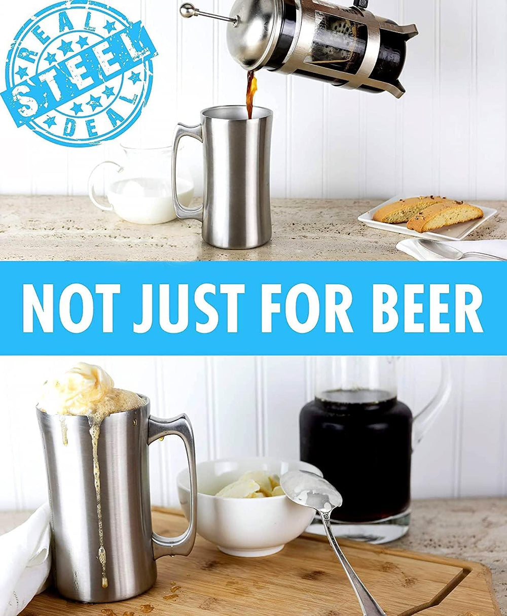 Real Deal Steel chope en usage avec bière fraîche illustrant isolation efficace