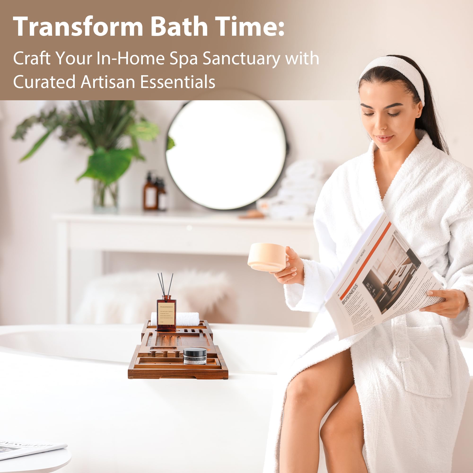 Ambiance salle de bain avec plateau Realgulf et accessoires montrant style raffiné