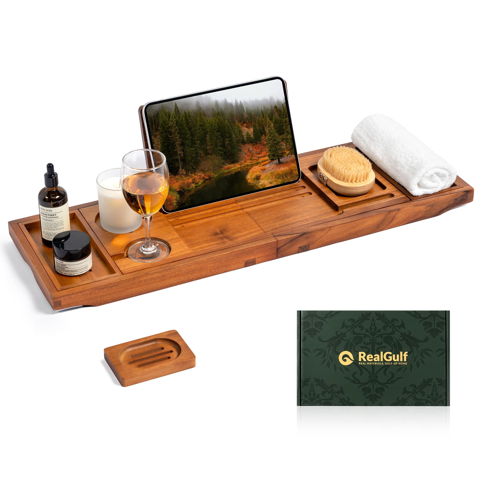 RealGulf plateau de face posé sur baignoire offrant organisation et élégance