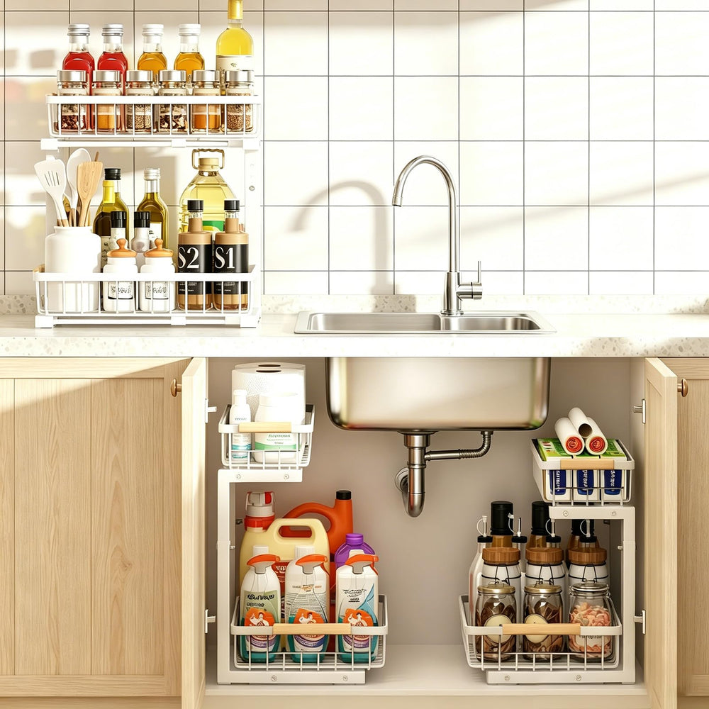 REALINN organiseur installé sous évier dans une cuisine moderne, améliore ordre