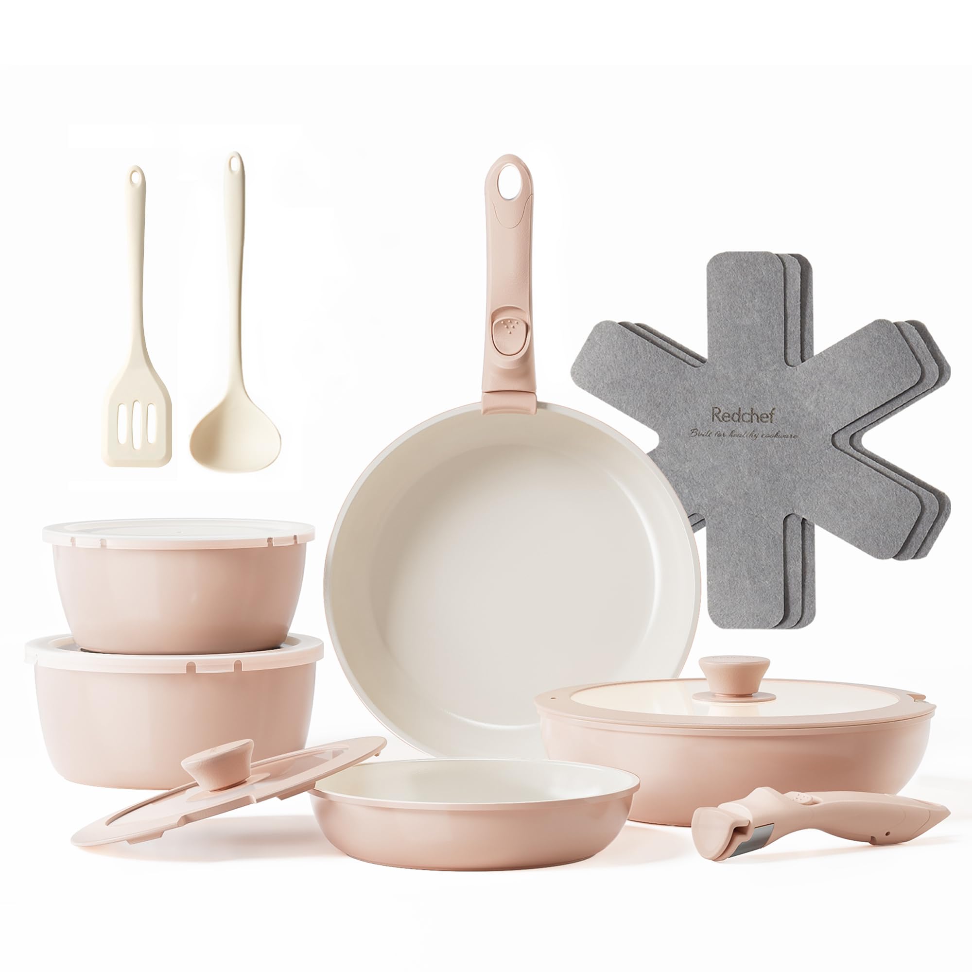 Redchef vue avant de l’ensemble rose, rangement compact et esthétique
