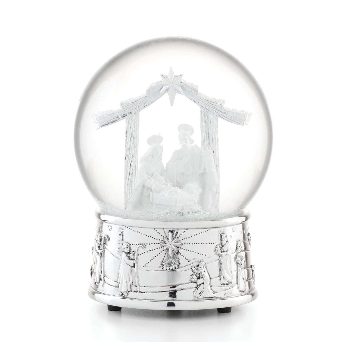 Reed & Barton globe de neige crèche face montrant la Sainte Famille, décor festif élégant