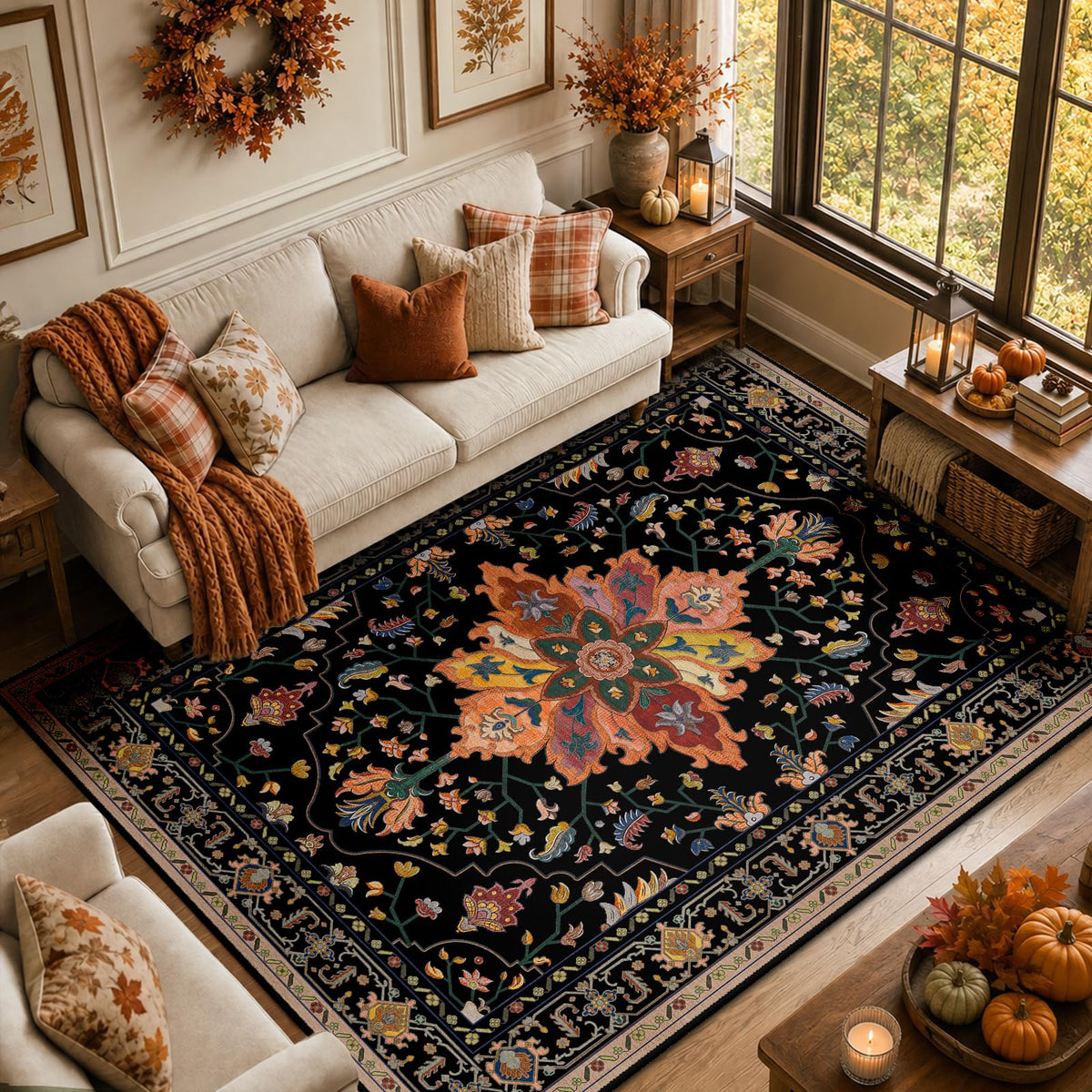 RELEANY vue avant du tapis 8'x10' noir avec motif tournesol pour décoration chaleureuse