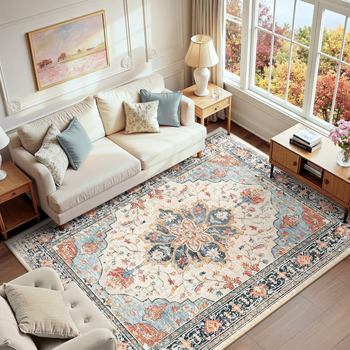 RELEANY vue frontale du tapis 6'x9' montrant le motif tournesol et harmonisation couleur
