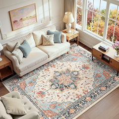 RELEANY vue frontale du tapis 6'x9' montrant le motif tournesol et harmonisation couleur