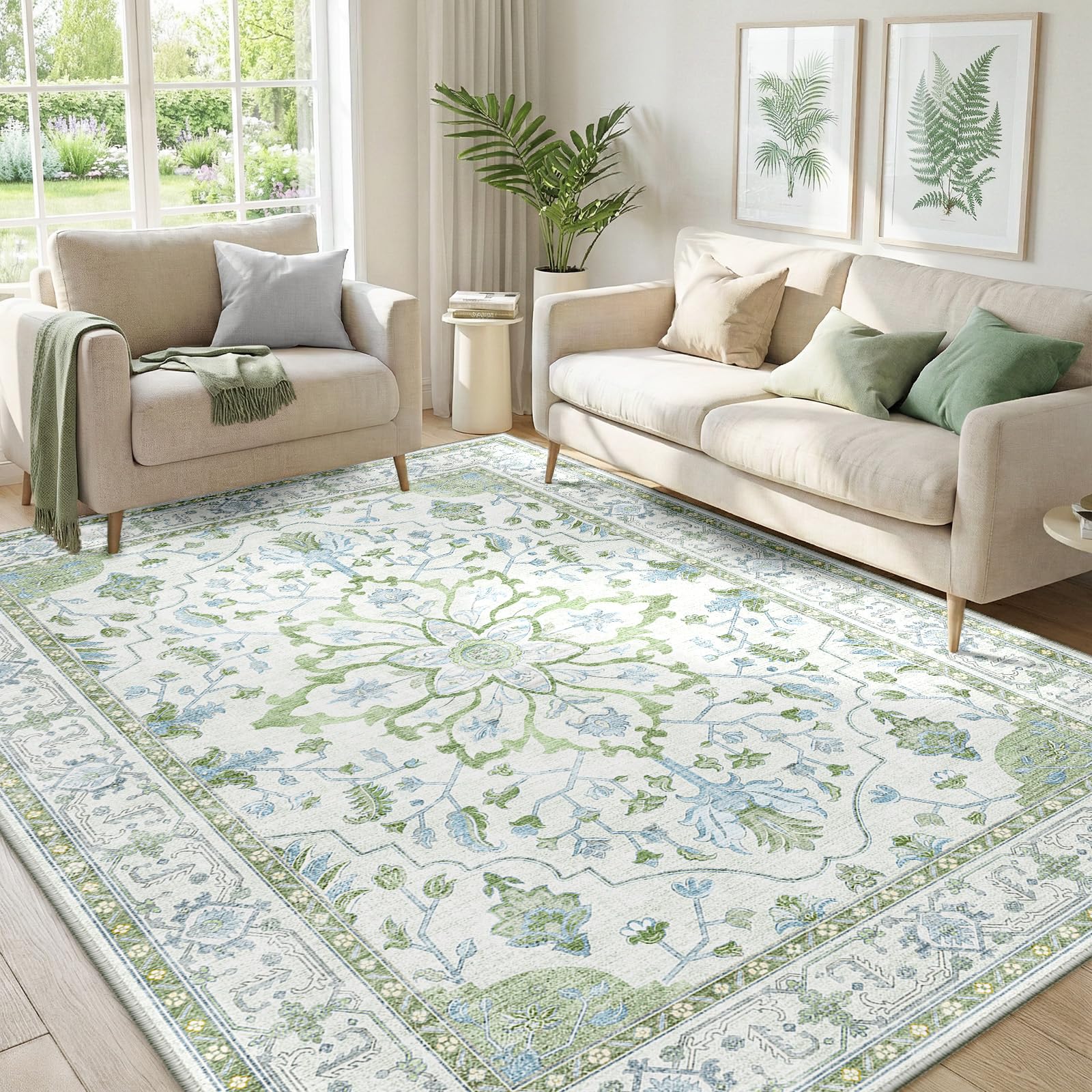 RELEANY vue complète du tapis 5'x7' montrant motif tournesol et ambiance salon