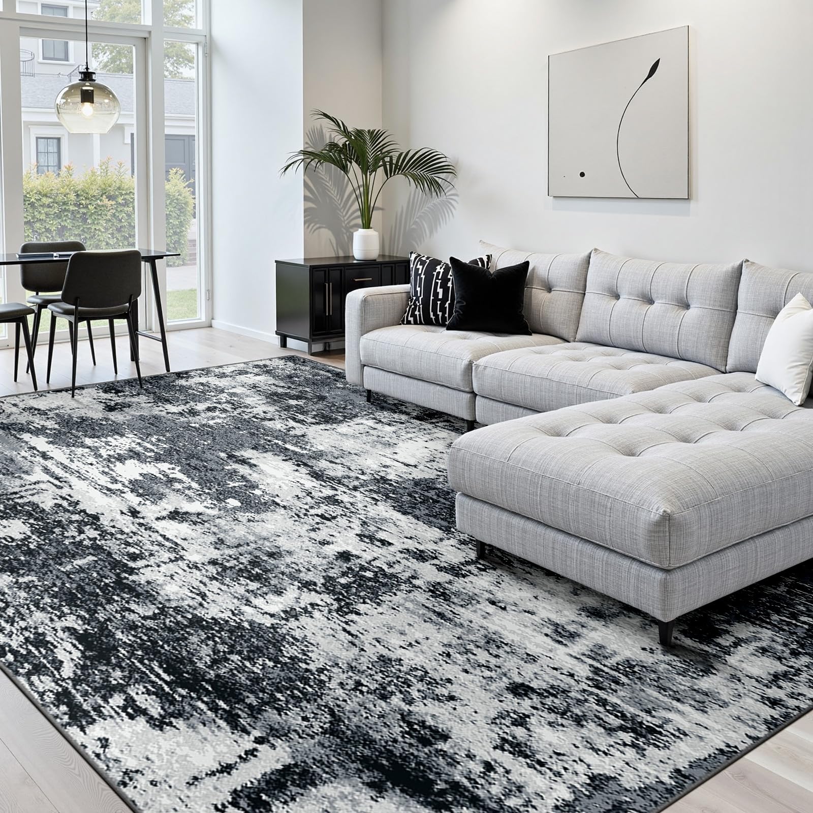 RELEANY vue entière du tapis abstrait noir et blanc, apporte style moderne