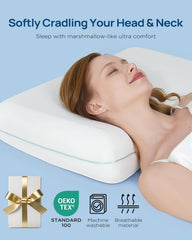 Releep oreiller posé sur lit illustrant soutien cervical en situation réelle