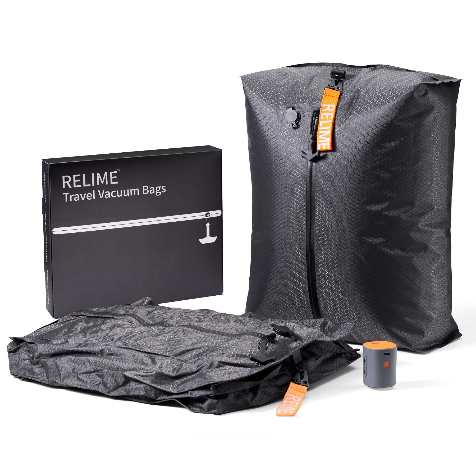 Relime face avant du kit montrant la pompe et les sacs, gain d'espace visible