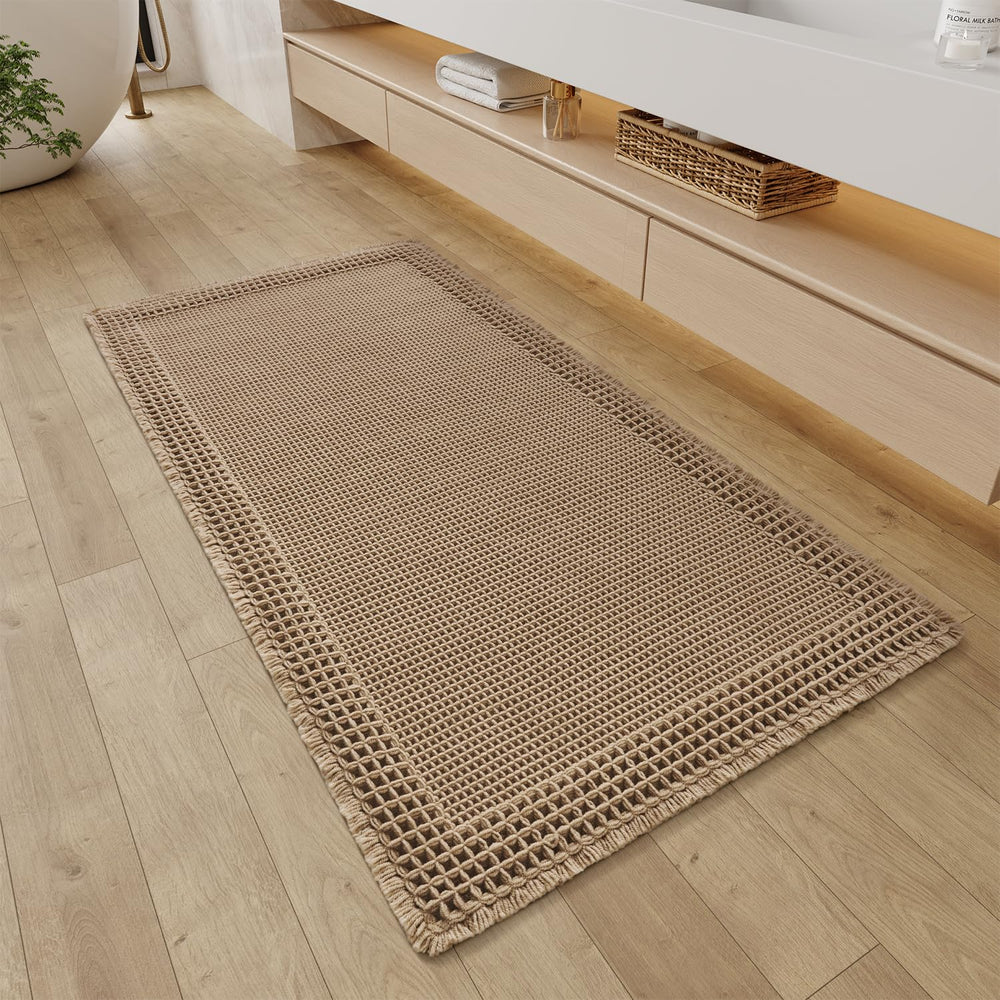 RESARE vue avant du tapis brun montrant style boho et dimensions 24x48