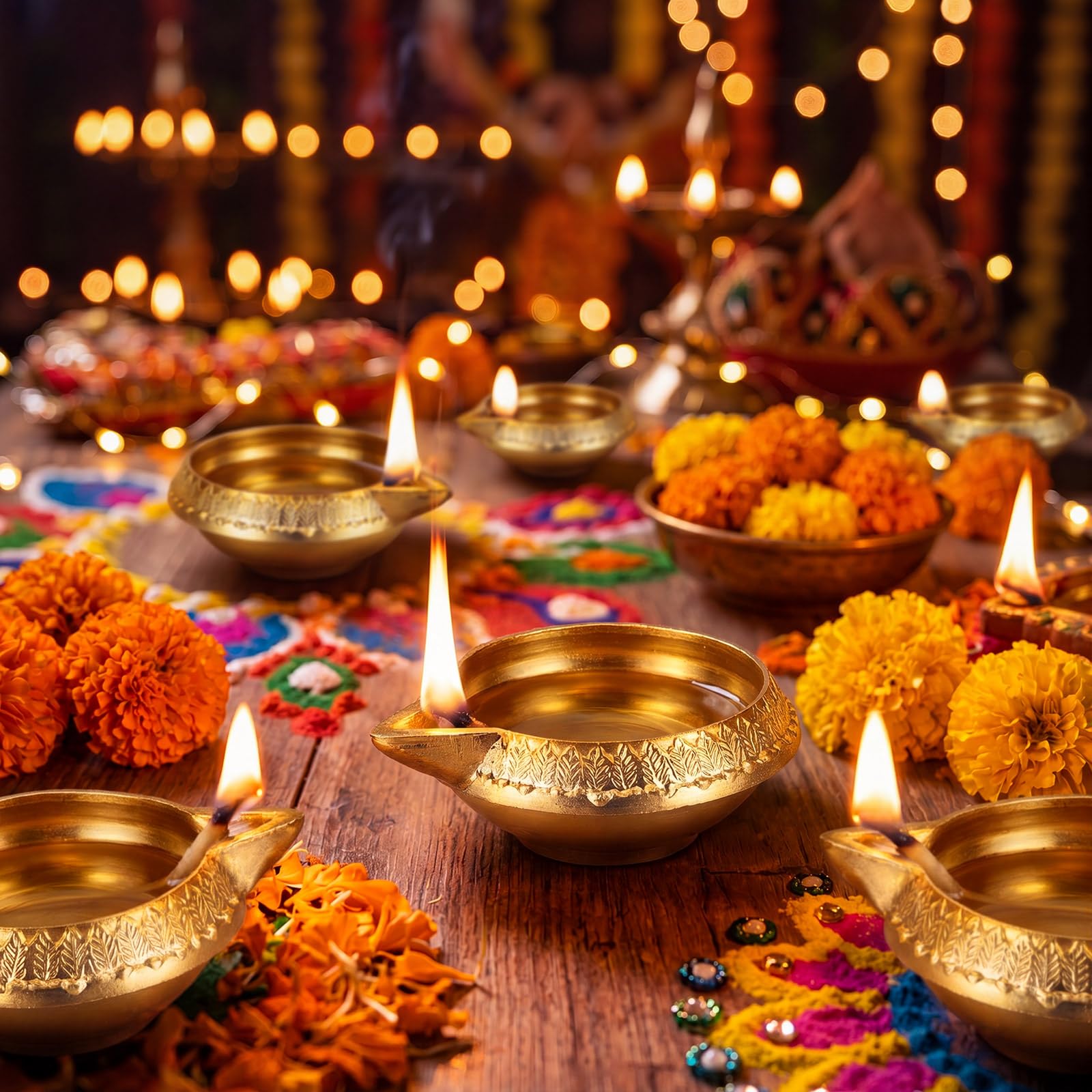 Retisee diyas disposées en décoration Diwali, créent ambiance festive et lumineuse