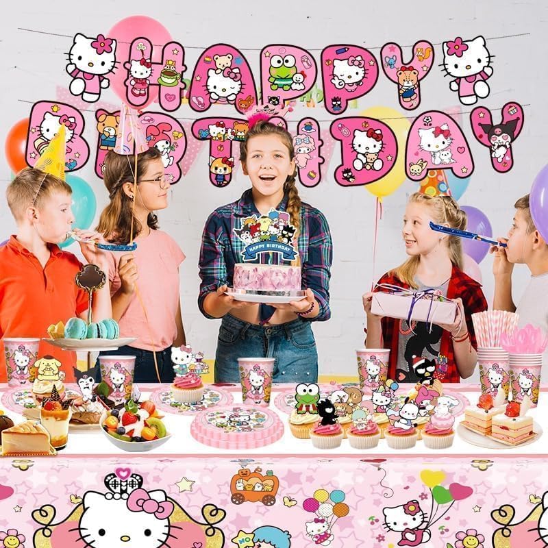 RINSUNCA table dressée avec nappe, assiettes et gobelets, ambiance fête kawaii