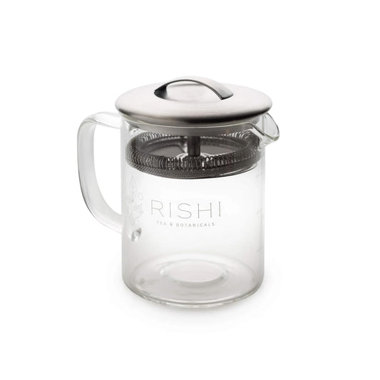 Rishi Tea face avant de la théière Simple Brew montrant le verre et le couvercle, design pratique